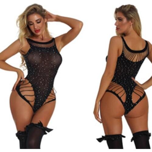 Women sexy fishnet Rhinestone Bodysuit bodystocking mini one piece lingerie clubwear