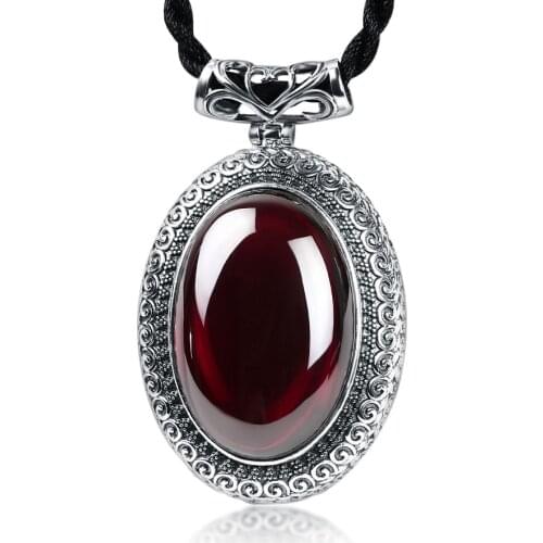 ZHJIASHUN Retro Garnet 100% 925 Silver Sterling Pendant Necklace Royal Natural Gemstones Chalcedony Pendants Jewelry For Women