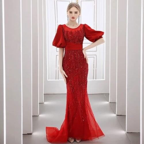 2021 Silver Nude Luxury Mermaid Beading Evening Dresses Gowns Puffy Sleeves Elegant For Women Party