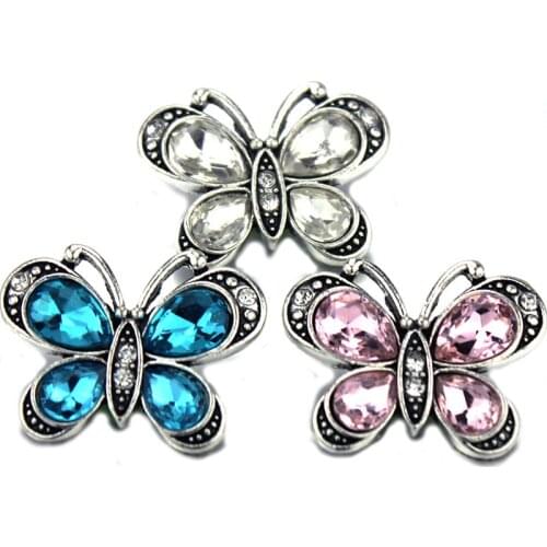 10pcs/lot New Snap Button Jewelry Rhinestone Butterfly Snap Buttons Fit 20mm 18mm Snap Button Bracelet DIY Ginger Charms