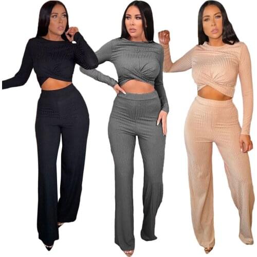 2021 Summer Women Suit Tracksuit Solid Color Loose Two-piece Suit Long Sleeve Shirring Office Lady Outfit Navel O-neck Pant Sets