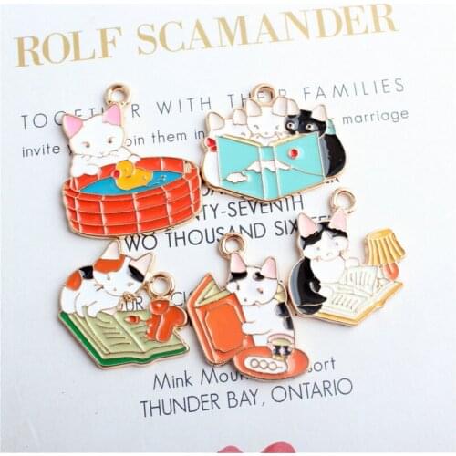 Julie Wang 5pcs Enamel Cartoon Cat Charms Reading Book Alloy Gold Tone Animal Pendant Necklace Bracelet Jewelry Making Accessory