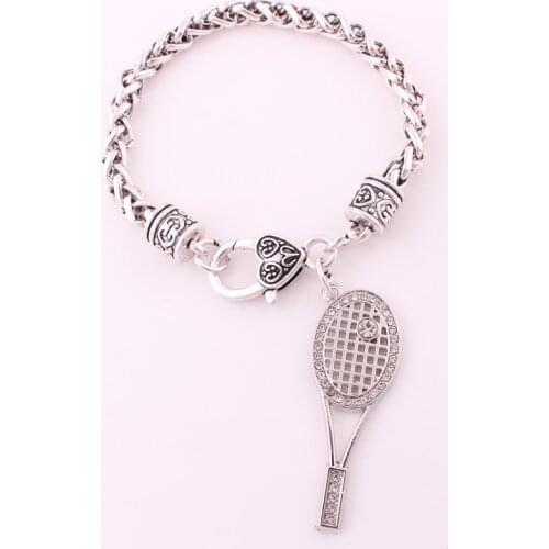 Antique sliver plated studded with sparkling crystal Tennis Racket Racquet charm bracelet