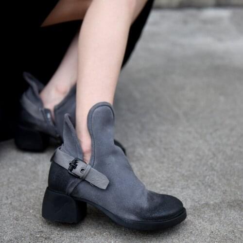 Artmu Origional Vintage Chunky Heels Belt Buckle Martin Boots Chelsea Ankle Boots Genuine Leather Womens Boots New 138-2