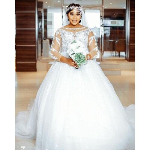 Sparkly Scoop Neckline IIIsion Long Sleeve Ballgown Vestidos de Novia Sweep Train Plus Size Beading Robes de Mariee