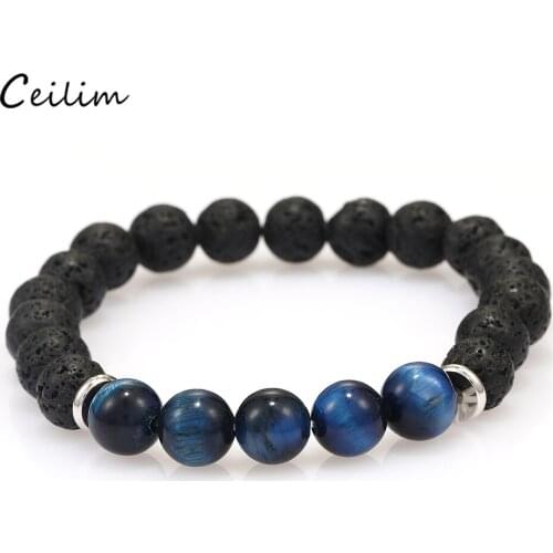 Natural Black Lava Stone Yoga Beaded Bracelet for Men Women Blue Tiger Eye Beads Bracelets Friend Gift Health Protection Jewelry