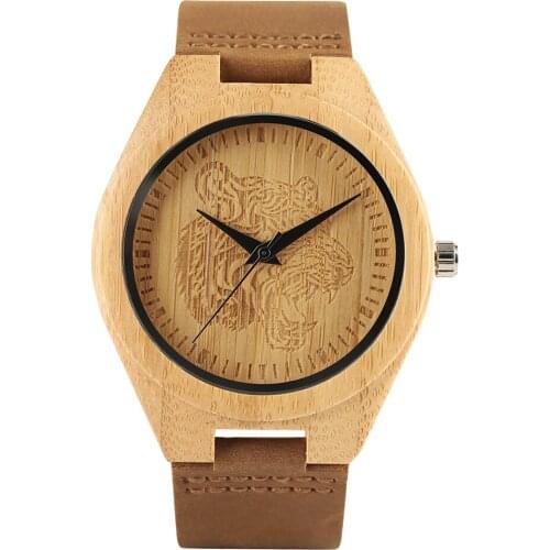 Tiger Head Theme Bamboo Wooden Wrist Watch Casual Nature Creative Wood Sport Quartz Watches Analog Clock for Men Women