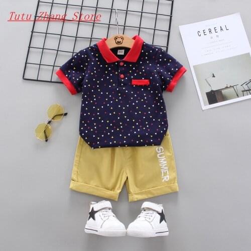 Summer new casual childrens short-sleeved lapel T-shirt + shorts boys girls clothes set cotton breathable ensemble enfant