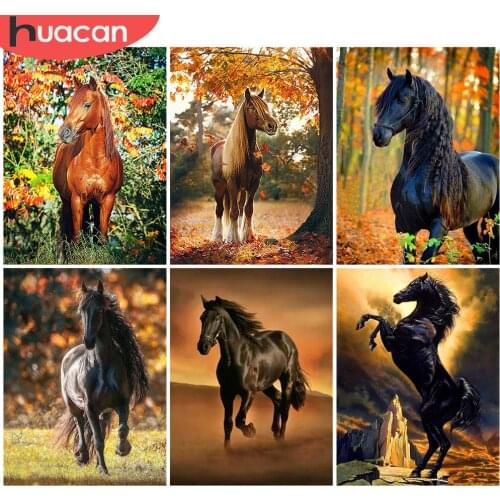 HUACAN 5D DIY Diamond Painting Horse Full Square Round Needlework Art Diamond Embroidery Animal Mosaic Autumn Decoration