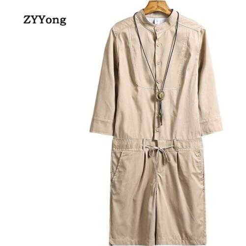 New Summer Men Mid Sleeve Jumpsuits Fashion Single Breasted Cotton Playsuits Streetwear Loose Fit Knee Length short Jumpsuit