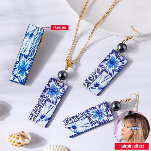 SophiaXuan Hawaiian Jewelry Sets Fashion Marshall Flower Geometry Necklaces Earrings Hairpin Set 3 Pcs for Women 2021 Summer