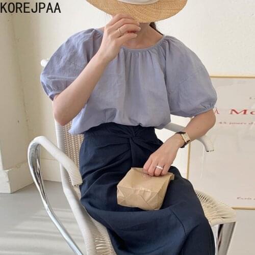 Korejpaa Women Sets 2021 Summer Korean Chic Ladies All-Match Round Neck Loose Puff Sleeve Shirt High Waist Twisted Design Skirt