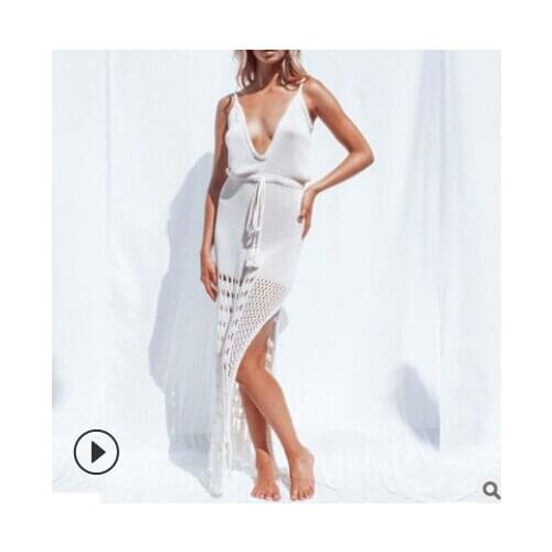 Summer Women Long Dress Sleeveless Beach Blouse Dress Drawstring Sexy V-neck Split Casual Dress Plus Size Hollow Dress Female