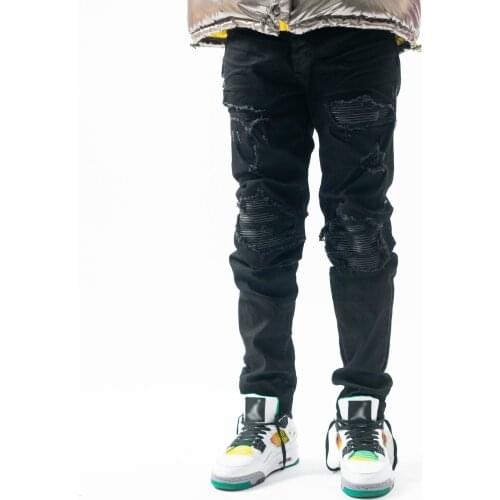 New 2021 mens male Autum American hip-hop denim pants slim-fit trousers black ripped patch leather motorcycle high street jeans