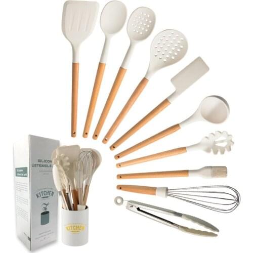 Kitchen Cooking Utensils Set for Cooking Baking Non-Stick Silicone Spatula Set with Holder and Wooden Handle Kitchen Use WWO66