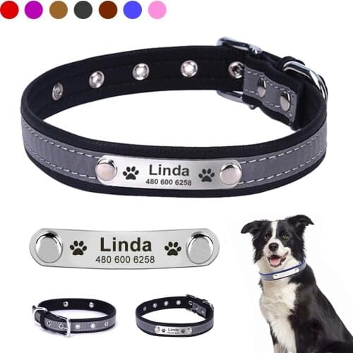 Adjustable Personalized Dog Collars PU Leather Reflective Dogs Cat Collar ID Custom Tag Engraved Pet Accessorie