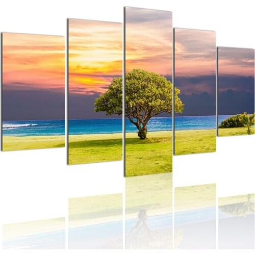 Landscape Tree 5 Panels DIY Wood Frame Canvas Painting Posters Wall Art Print Picture Living Room Home Decoration