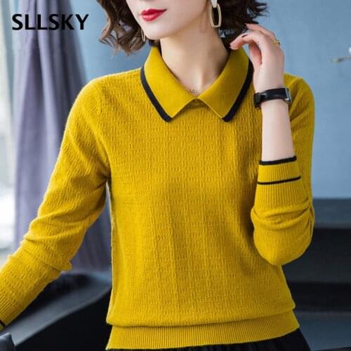 SLLSKY Patchwork Knitted Women Pullovers 2021 Autumn Turn-down Long Sleeve Female Sweater Fashion Loose Casual Ladies Sweater