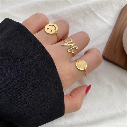 Adjustable O Chain Link Ring Stainless Steel Heart Rings for Women Jewelry Good Luck Letter M Chain Pull Adjust Open Ring Coin