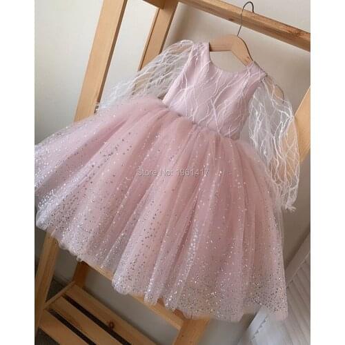 Customized Pink Long Sleeve Girls Dresses Puffy Tulle Flower Girl Dress Kids Clothes Children Birthday Gown Photography AG0393