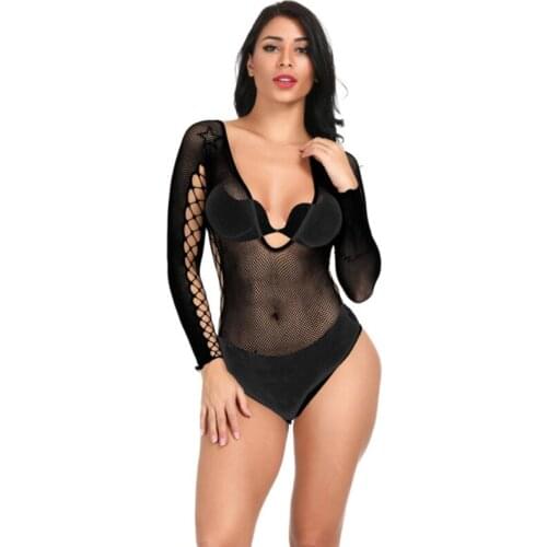Sexy Women Bodysuit Long Sleeve Hollow Out Mesh Stretch Jumpsuit Romper Fashion Leotard Tops Night Club Wear Bodycon Rompers