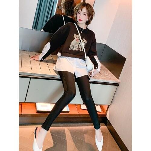 Sweater with shirt cartoon animal hot drill fake two pieces of womens clothes 2021 spring new pattern