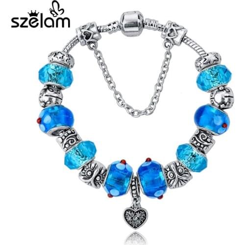 SZELAM 2019 Fashion Silver Plated Snake Chain Heart Pendant Bule Glass Beads DIY Strand Bracelets for Women SBR140734