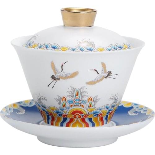 Heat-resistant Single Ceramic Enamel Tea Tureen White Porcelain Gold Gaiwan High-end Teacup Household Sancai Covered Bowl