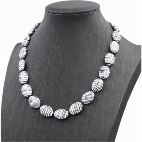 Turkey Turquoises Stone Beads Choker Necklace Oval Zebra Stripes Pendant Boho Jewelry Statement Women Chain Necklaces 18" A826