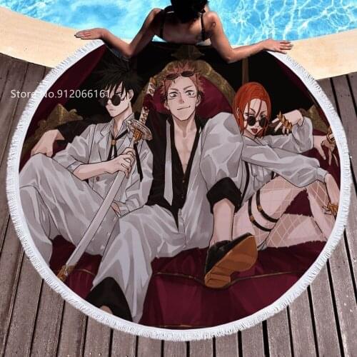 Japan Anime Beach Towel Jujutsu Kaisen Round Bath Mat Seaside Yoga Carpet For Kid Boy Girl Beach Towel Absorbent Beach Cover Up