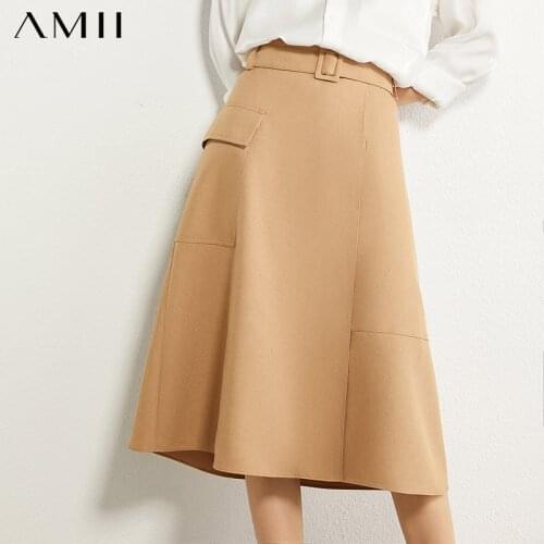 AMII Minimalism Autumn Fashion Aline Women Skirt Solid High Waist Pocket Women Skirt Fashion Loose Female Skirt 12030307