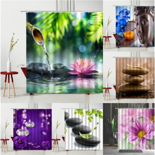 Zen Shower Curtain Landscape Stone Bamboo Water Candle SPA Buddha Statue Flowers Green Leaf Scenery Pattern Bathroom Partition