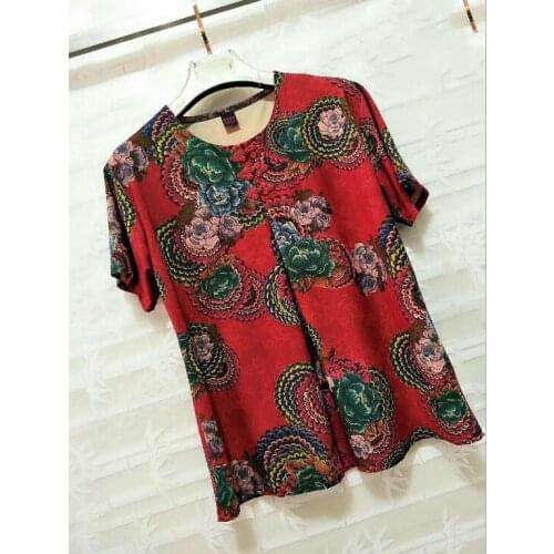 Ladies Middle-aged elderly summer print short-sleeved round neck mothers loose plus size womens shirt