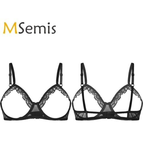 MSemis Women Open Cup Bra Erotic See Through Sheer Lingerie Spaghetti Shoulder Straps Cupless Bare Breast Ruffle Underwire Top