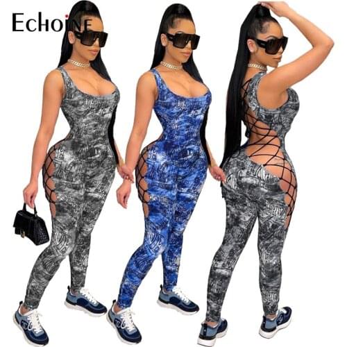 Echoine Summer Women Sexy Print Sleeveless Bandage Hollow Out Elastic Bodycon Jumpsuit Night Club One Piece Set Fashion Outfit