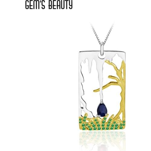 GEMS BEAUTY 925 Sterling Silver For Women Necklace Rectangle Lawn Tree Natural Diffusion Sapphire Handmade Necklace