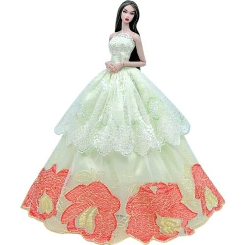 1/6 BJD Clothes Light Yellow Floral Off Shoulder Princess Dress For Barbie Doll Clothes Outfits Lace Wedding Gown Accessories
