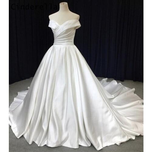 Cinderella Elegant V-Neck Off The Shoulder A-Line Cathedral Train Satin Wedding Dresses With Lace Up Back vestido de noiva