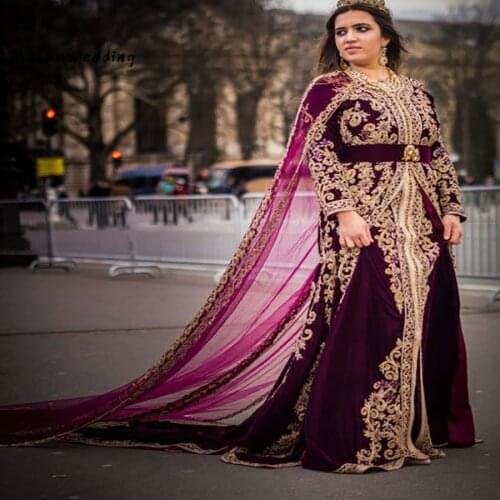 Glammous Morrocan Evening Dress Caped 2020 Plus Size Arabic Indian Prom Dresses Muslim Long Sleeve Velvet Tursish Party Gowns