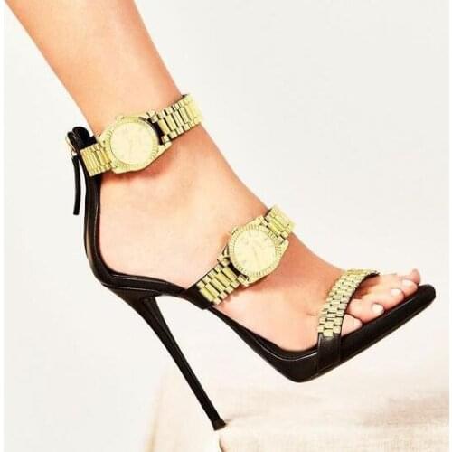 Luxury Gold Metal Chain Watch Heels Sandals Woman Thin High Heel Zipper Back Open Toe Designer One Line Party Dress Shoes