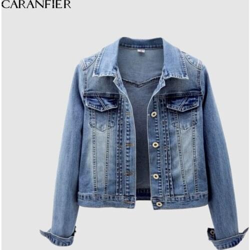 CARANFIER Plus Size Jeans Jacket 4XL 5XL Sweet Women Light Blue Bomber Short Denim Jackets Long Sleeve Jaqueta Casual Coat