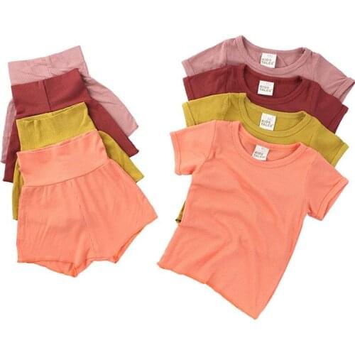 Kids Baby Boys Girls Summer Pajamas Home Wear Sets Solid Short-Sleeved Top + Belly-protecting High-Waist Shorts Outfit 2Pcs Set