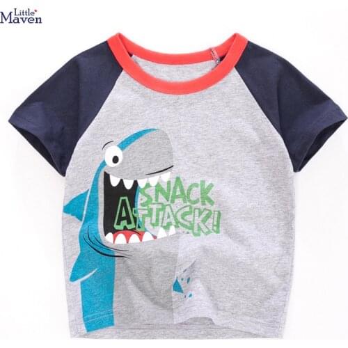 Little Maven Children 2021 Summer Baby Boy Clothes Letter Shark Print Tee Tops Brand Cotton Gray T Shirt for Kids 2-7 Years