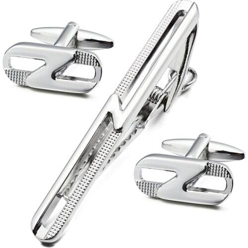 HAWSON Trendy Cufflinks and Tie Clip Set Hollow Design Mens Silver Color Tie Clip Engraved