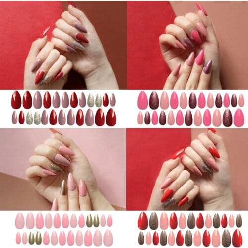 24pcs/set Artificial Nails Art Tips Set Detachable False Nails Green Decorated Stiletto Press on Nails Art Fake Extension Long