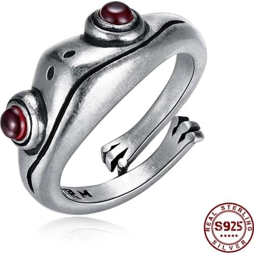 COCOM 925 Sterling Silver Vintage Frog Ring Adjustable Unisex Red Garnet Stone Man Ring Cute Creative Fine Jewelry for Women