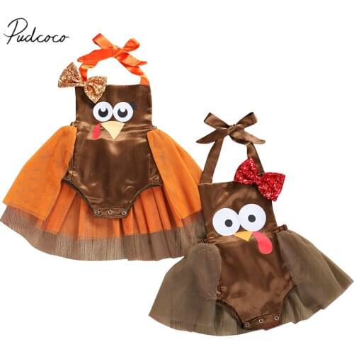 Thanksgiving Newborn Baby Girls Turkey Pattern Romper, Infant Mesh Patchwork Bow Halter Jumpsuit Sleeveless Playsuit