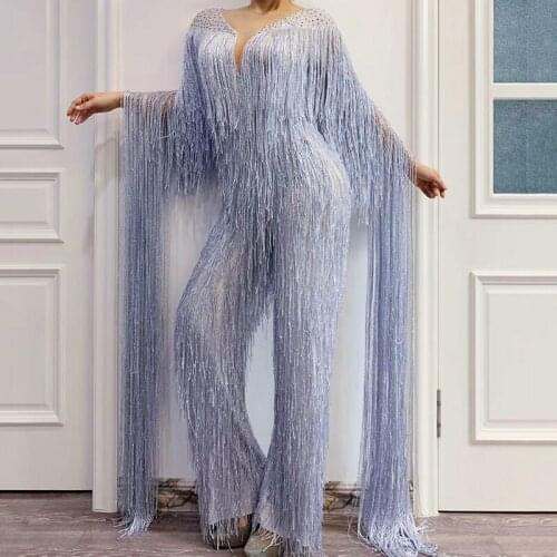 New Long Tassel Crystal Jumpsuit Silver Gray Fringe Jumpsuits Stage Wear Birthday Celebrate DS DJ Costumes Evening Dress DQS3922