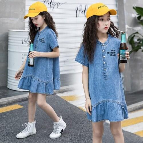 Summer New Fashion Denim Dress for Girls Short Sleeve Button Casual Loose Childrens Clothes Big Girls Costume Age 3-10T