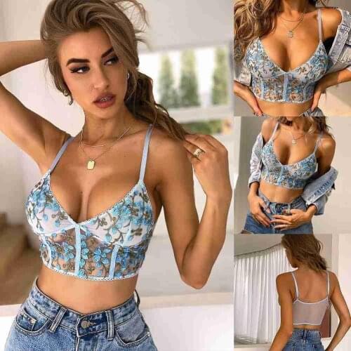 Summer Blue Lace Embroidered Bra Sexy Crop Top Camisole Cute Flower For Party Corset Top Print Vintage Club Cloth Aesthetic Z6B5